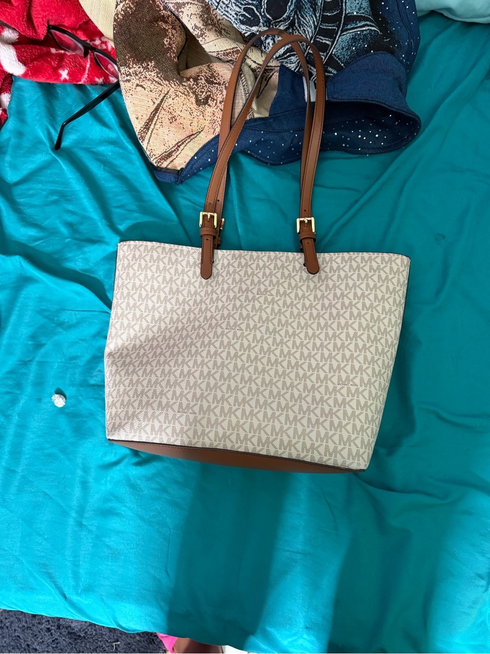 Michael Kors Cream Monogram Tote with Brown Leather Straps - Picture 3 of 3